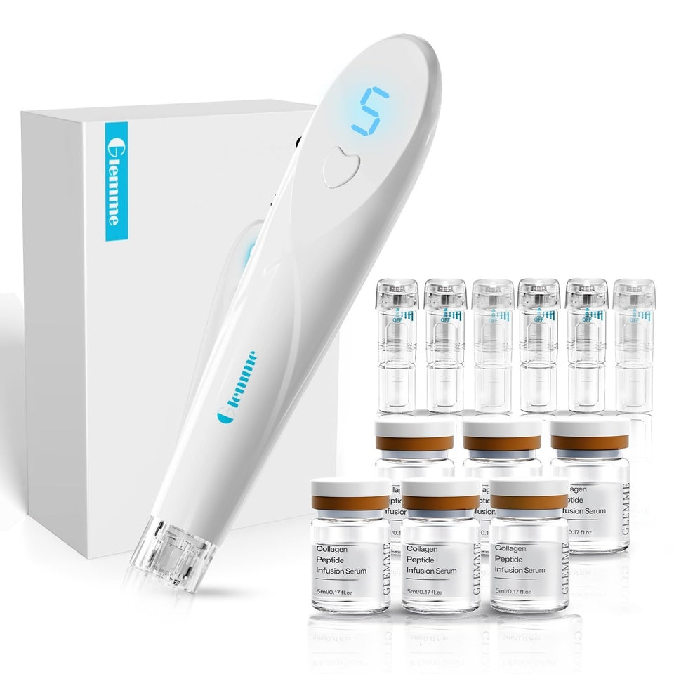 Glemme front packaging displaying kit and six sealed serum cartridges for convenience