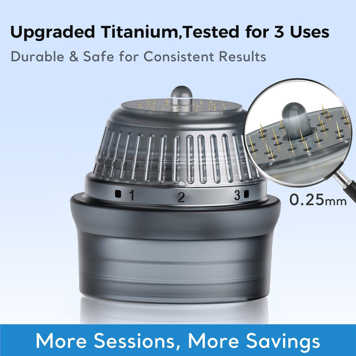 Glemme titanium derma stamp closeup highlighting durable needles