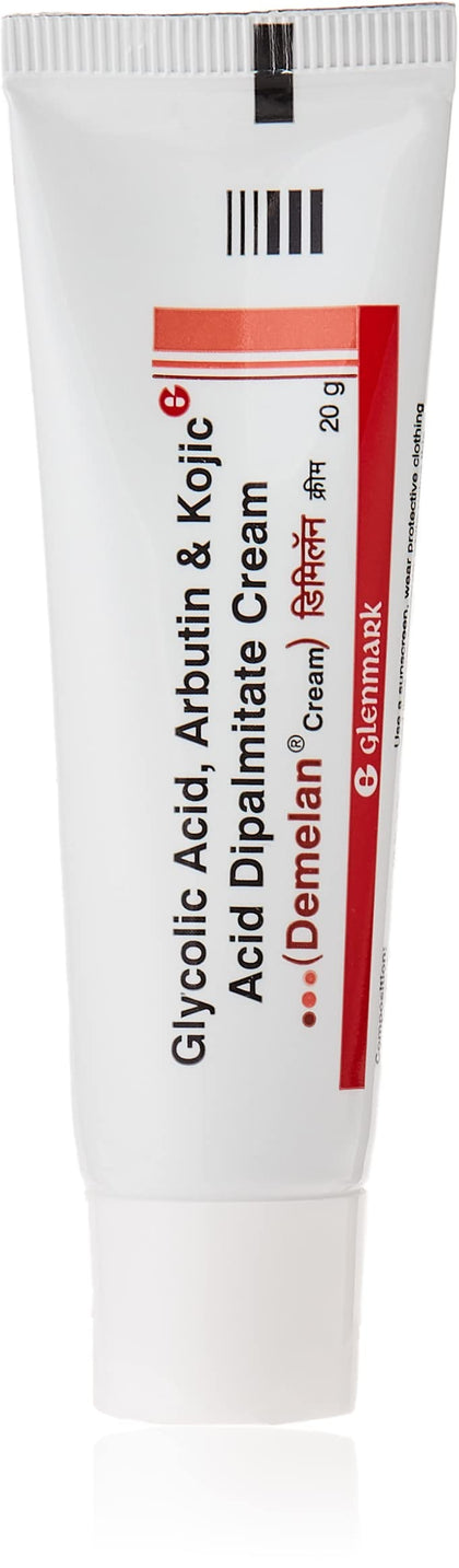 Glenmark Demelan Cream front tube showing label and 20g size for targeted pigment treatment