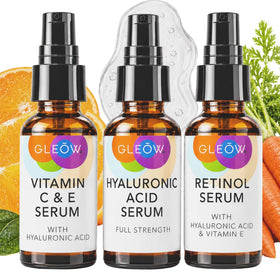GLEOW front packaging showing three serums and clear routine benefits
