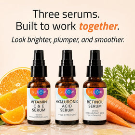GLEOW retinol serum dropper dispensing a controlled drop for targeted texture help