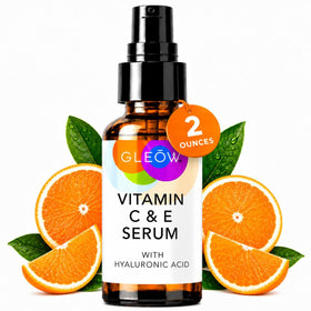 GLEOW bottle front label showing clean vitamin C serum packaging and benefit
