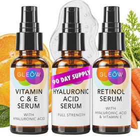 GLEOW serum trio front view showing organized bottles and benefits