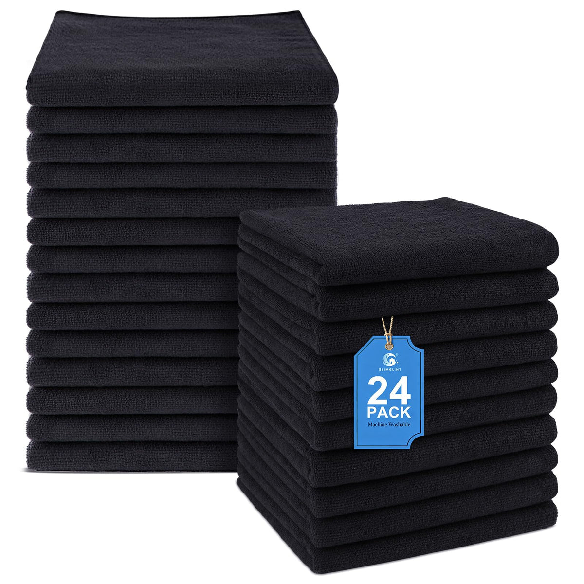 GLIMGLINT front view of 24-pack black towels showing professional value