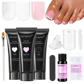 GlimightyX front packaging showing complete polygel toenail kit benefits