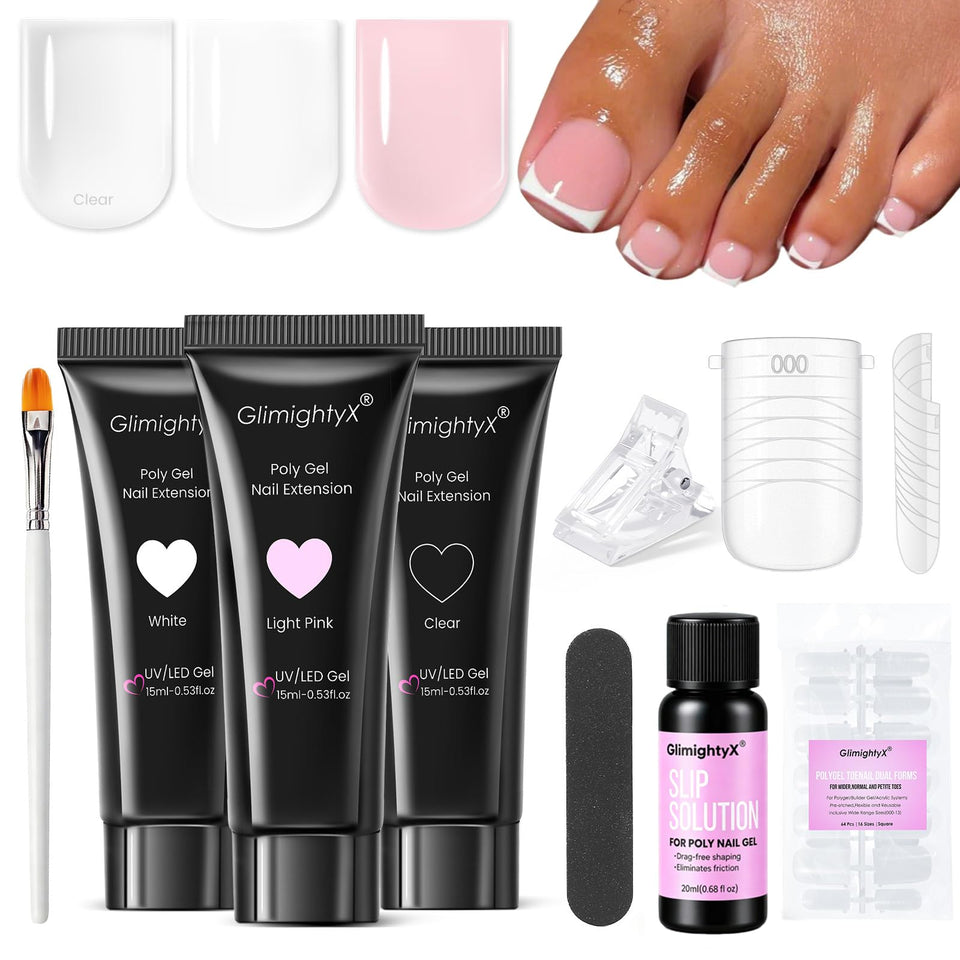 GlimightyX front packaging showing complete polygel toenail kit benefits