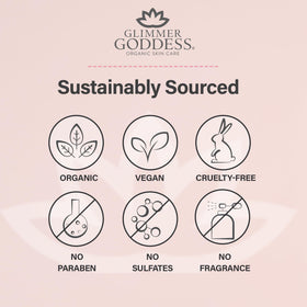 Glimmer Goddess close-up label listing shea, cocoa, almond ingredients benefit