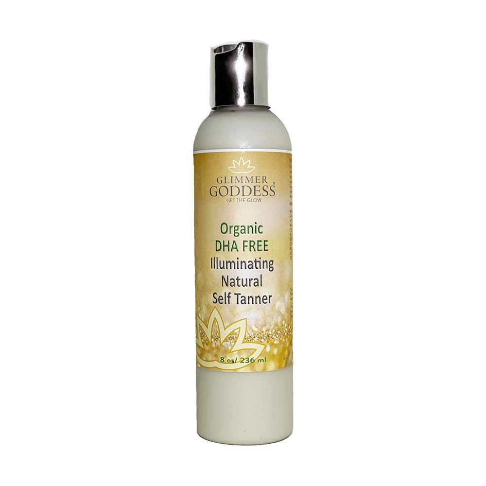 Glimmer Goddess front bottle dark 8oz showing label and organic benefits