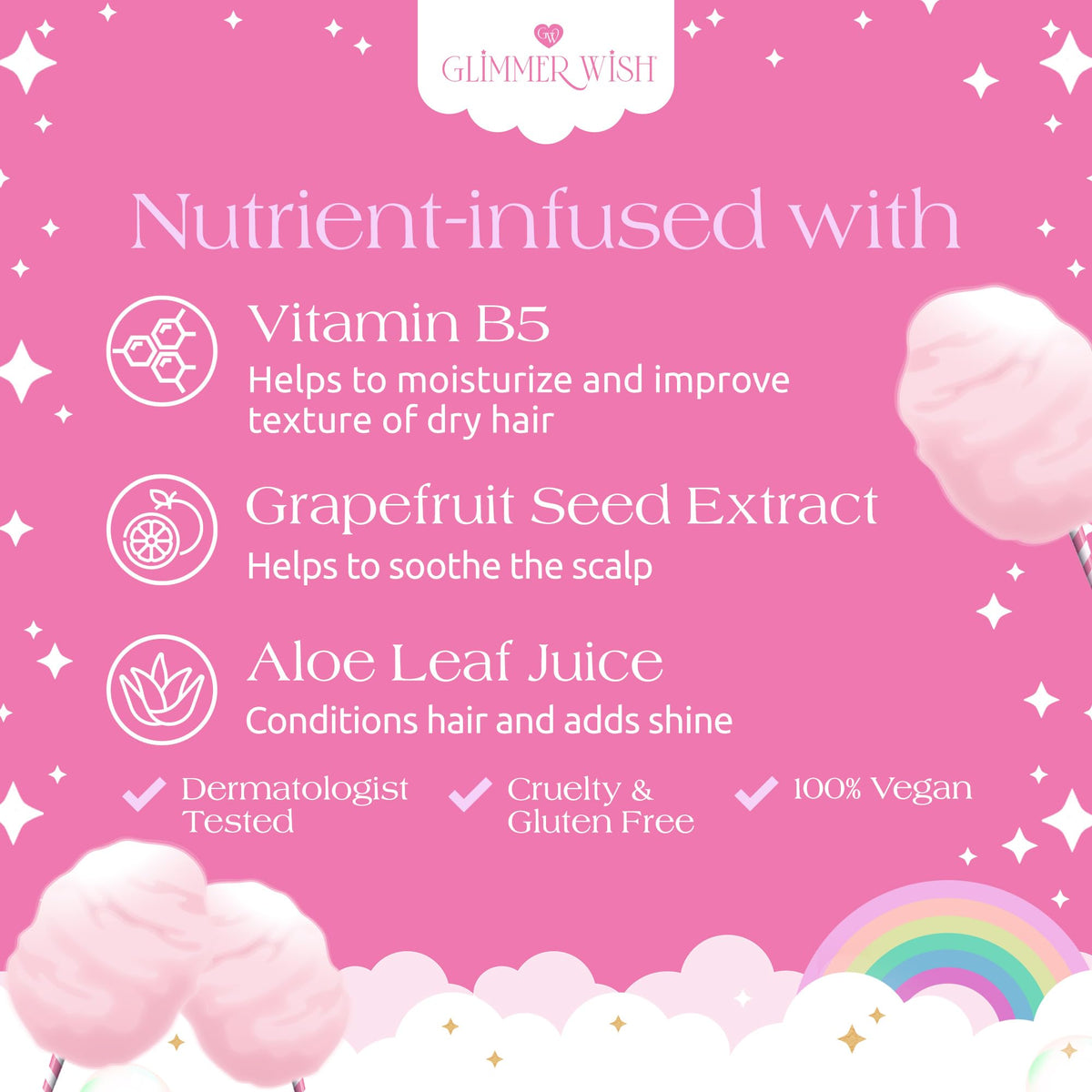 Glimmer Wish label close-up showing ingredient highlights and kid-friendly branding