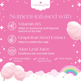Glimmer Wish label close-up showing ingredient highlights and kid-friendly branding