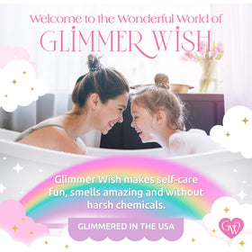 Child having hair brushed after spraying Glimmer Wish detangler demonstrating pain-free combing
