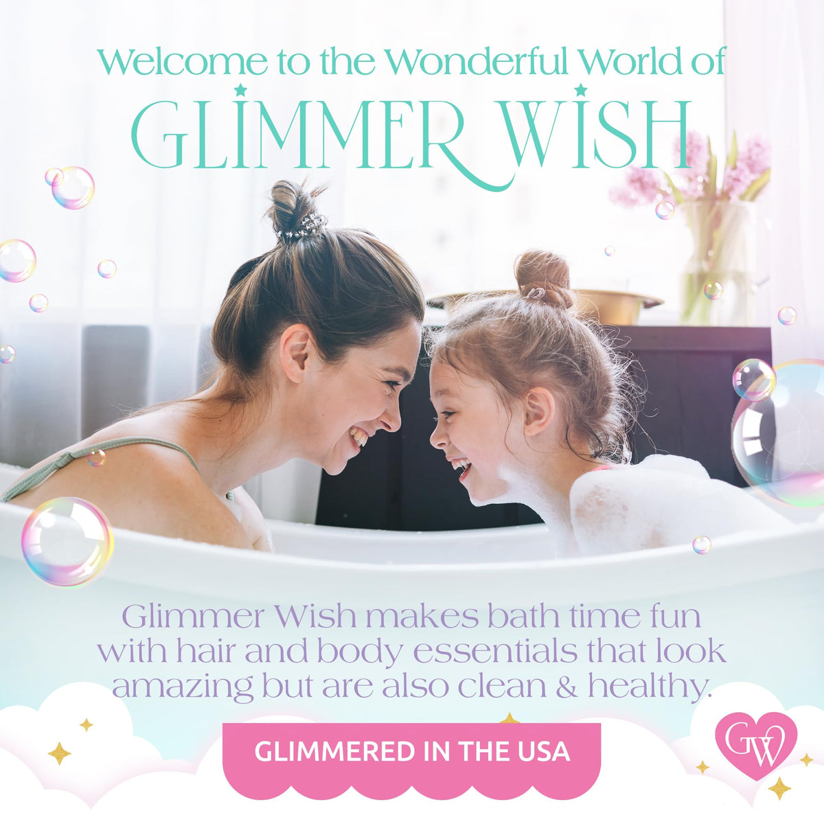 Glimmer Wish ingredients label close-up showing dermatologist-tested, clean formula