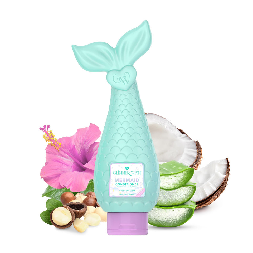glimmer wish front bottle showing seafoam conditioner and playful mermaid label for kid-friendly appeal