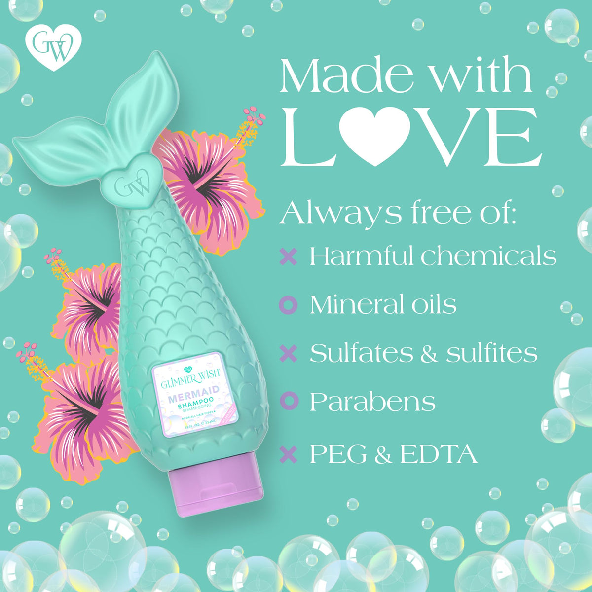 Glimmer Wish label close-up listing clean ingredients and dermatologist-tested note