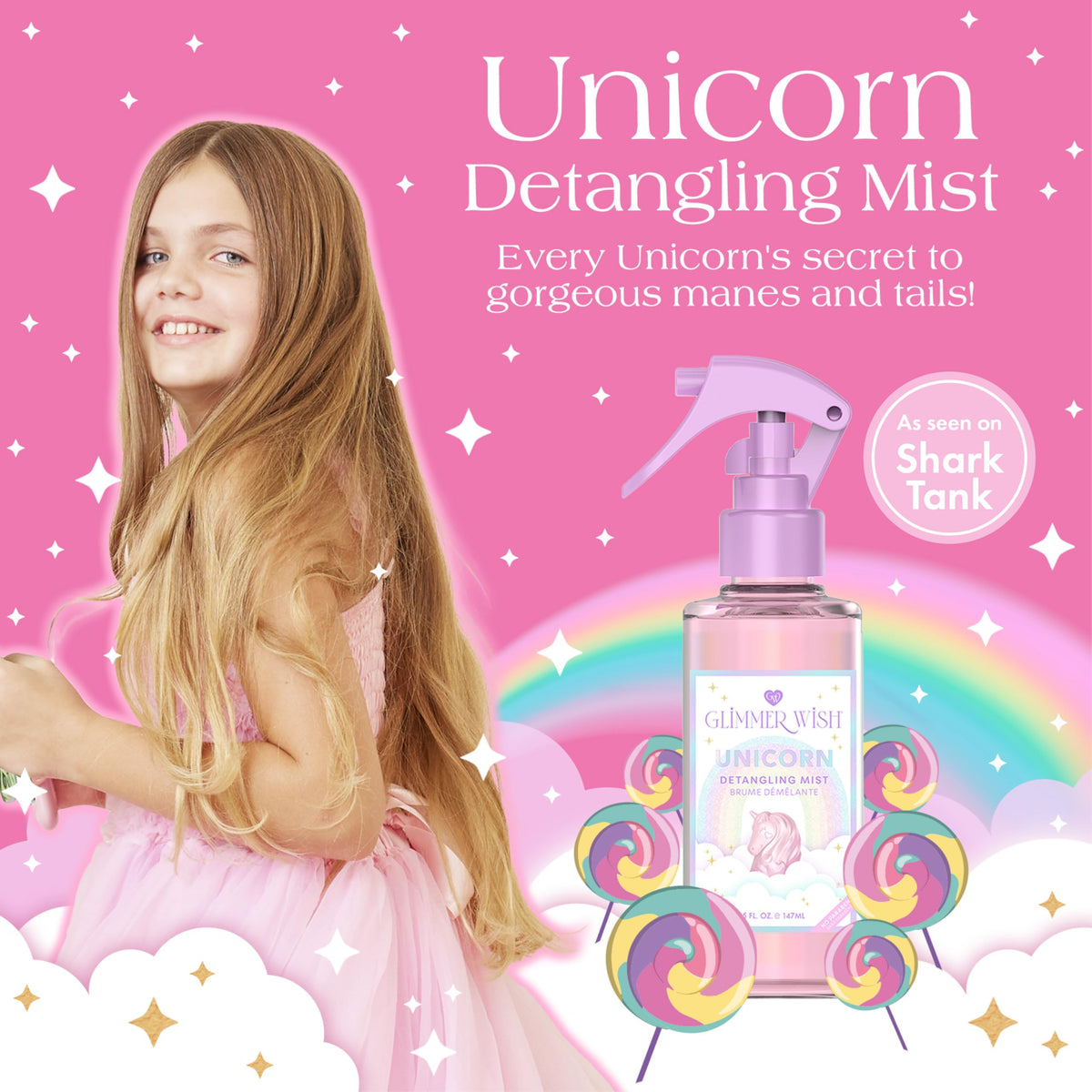 Glimmer Wish mist spraying from nozzle to demonstrate fine even coverage for easy detangling