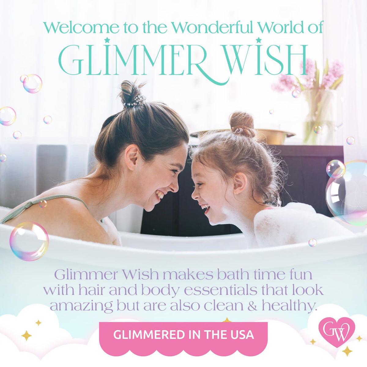 Glimmer Wish label detail showing cotton candy scent and clean formulation benefits
