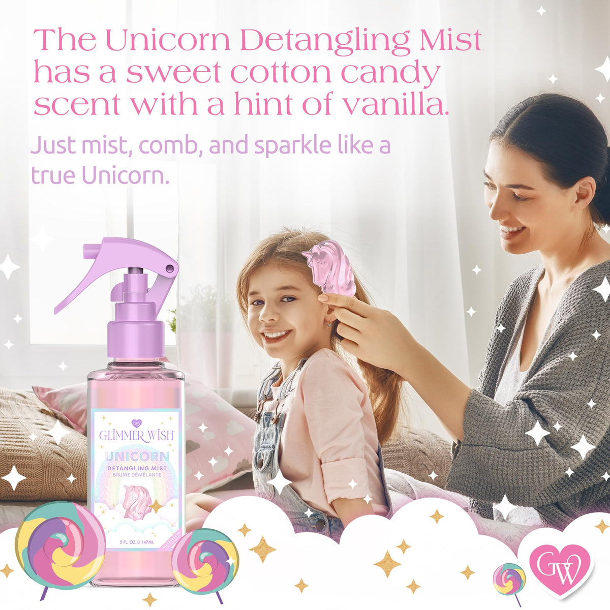 Woman styling hair after Glimmer Wish mist application illustrating added shine and manageability
