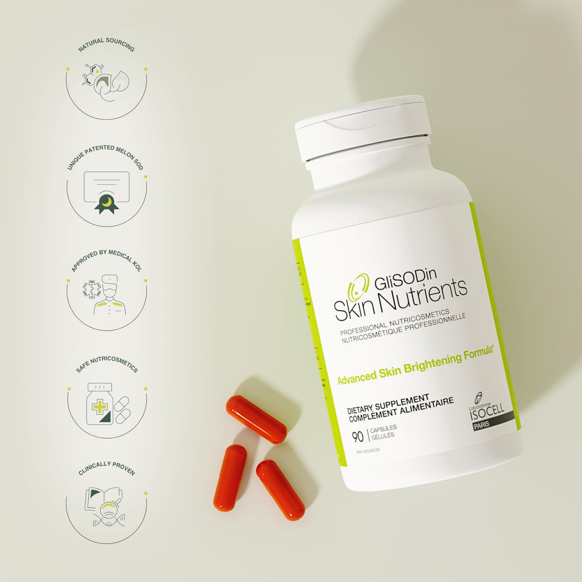 GliSODin supplement next to skin brightening cream to show regimen synergy