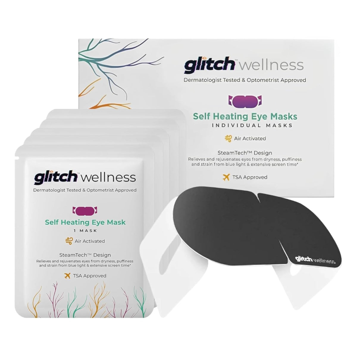 Glitch front packaging showing single-use steam eye mask and benefits