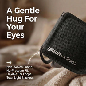 Glitch eye mask in use on a person relaxing to reduce screen strain