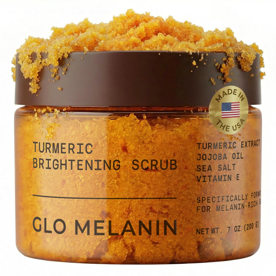 Glo Melanin front packaging tub showcasing product and branding benefit brightening