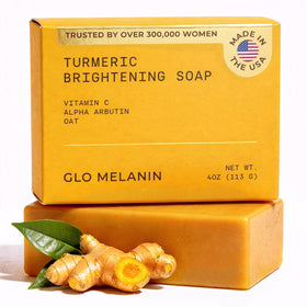 Glo Melanin front packaging showing turmeric soap benefits