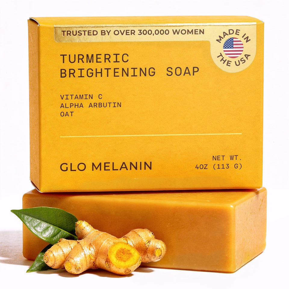 Glo Melanin front packaging showing turmeric soap benefits