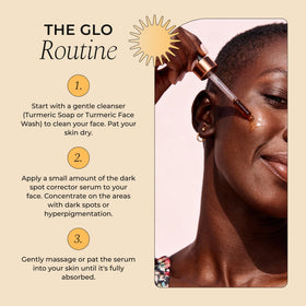 Glo Melanin bottle on bathroom vanity suggesting routine-ready convenience