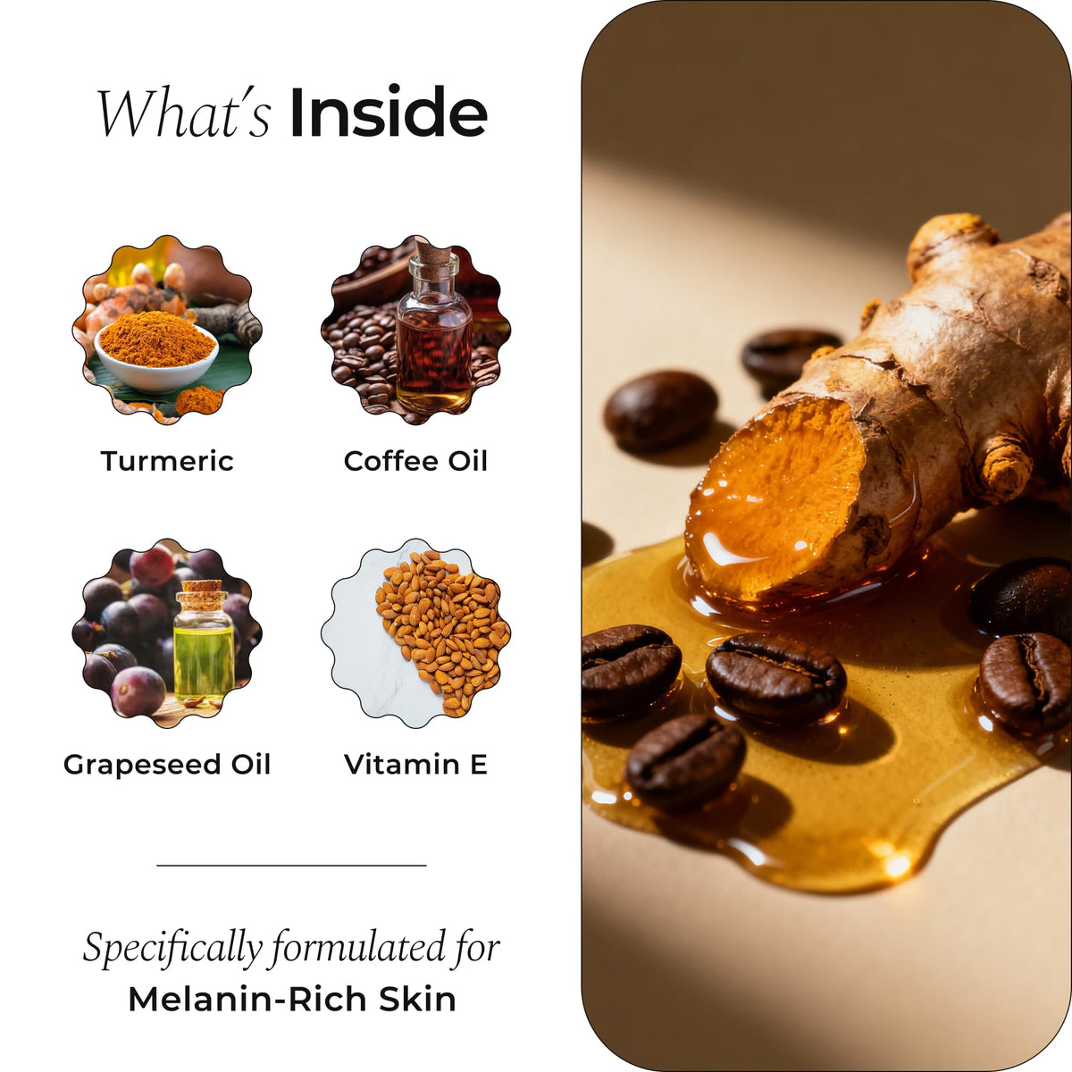 Glo Melanin ingredients display with Vitamin C and turmeric for brightening