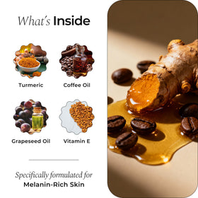 Glo Melanin ingredients display with Vitamin C and turmeric for brightening