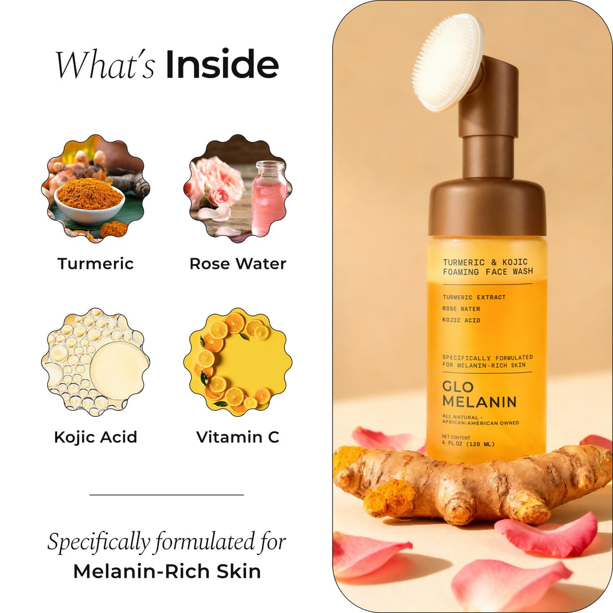 Glo Melanin ingredients display with turmeric and rose water highlighting natural actives