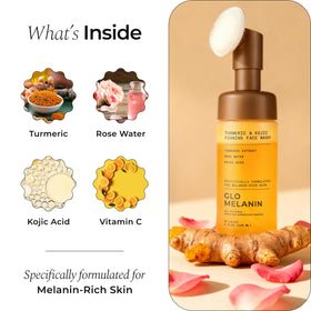 Glo Melanin ingredients display with turmeric and rose water highlighting natural actives