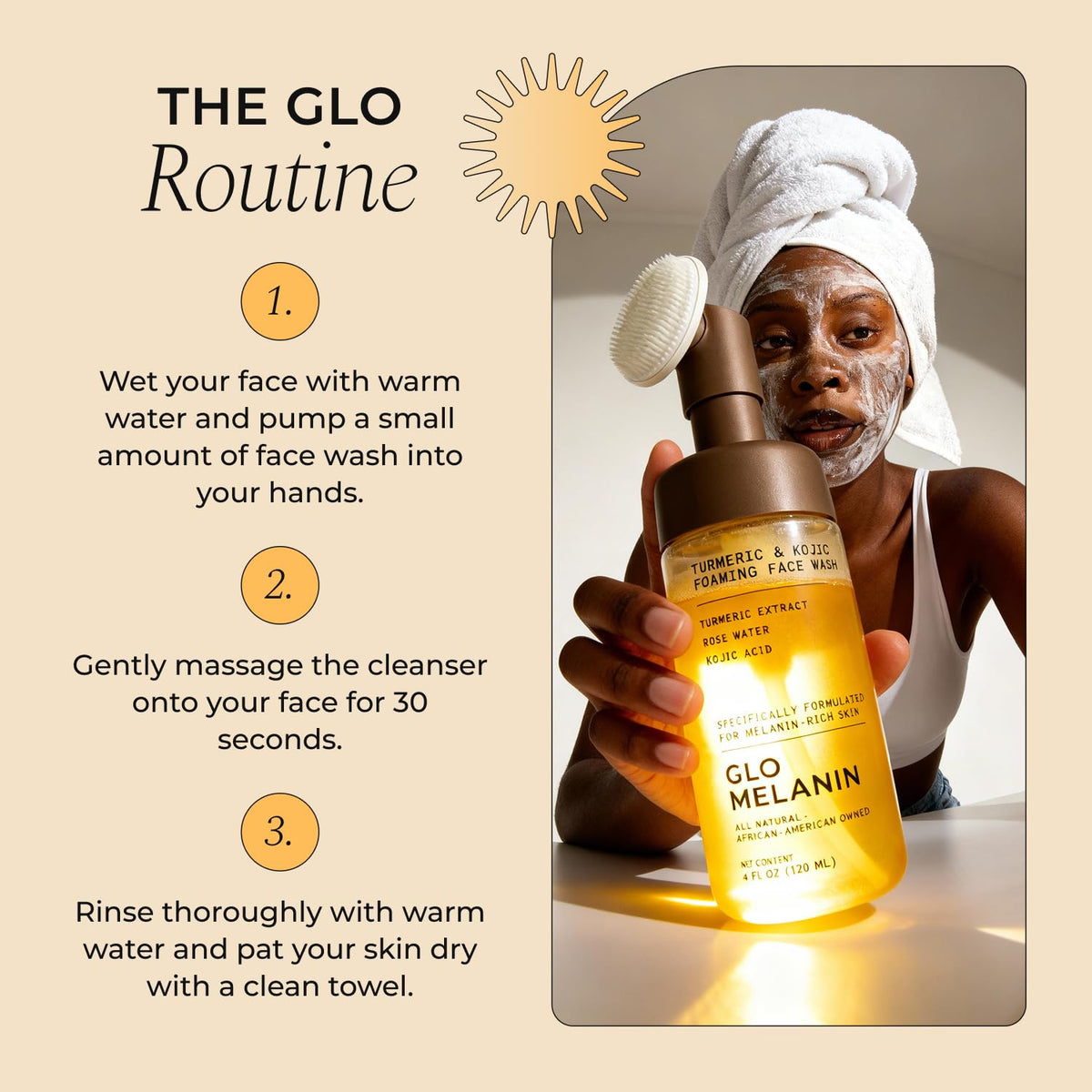 Glo Melanin product label close-up showing active ingredients and paraben-free claims