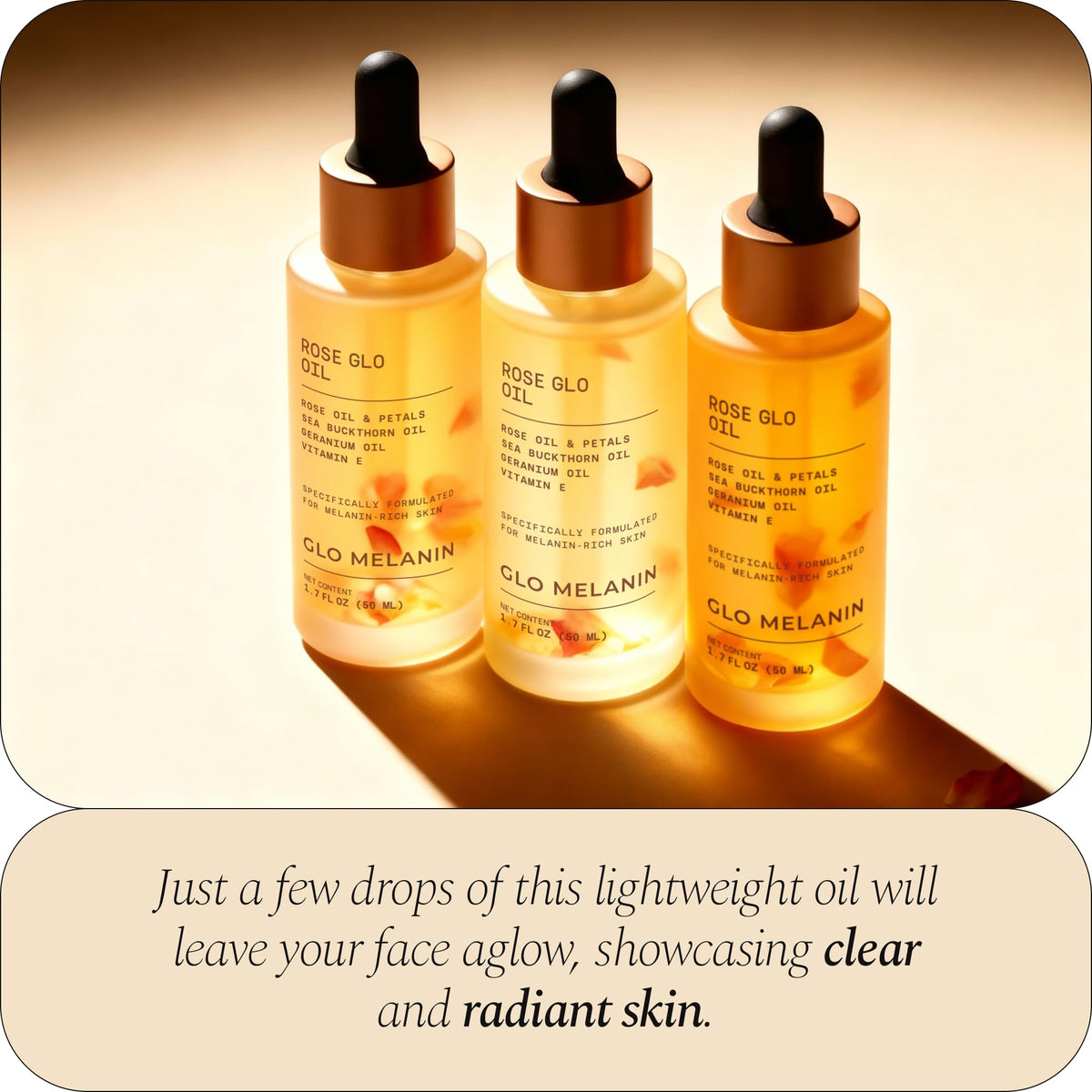 Glo Melanin application on face showing soothing, lightweight hydration benefits