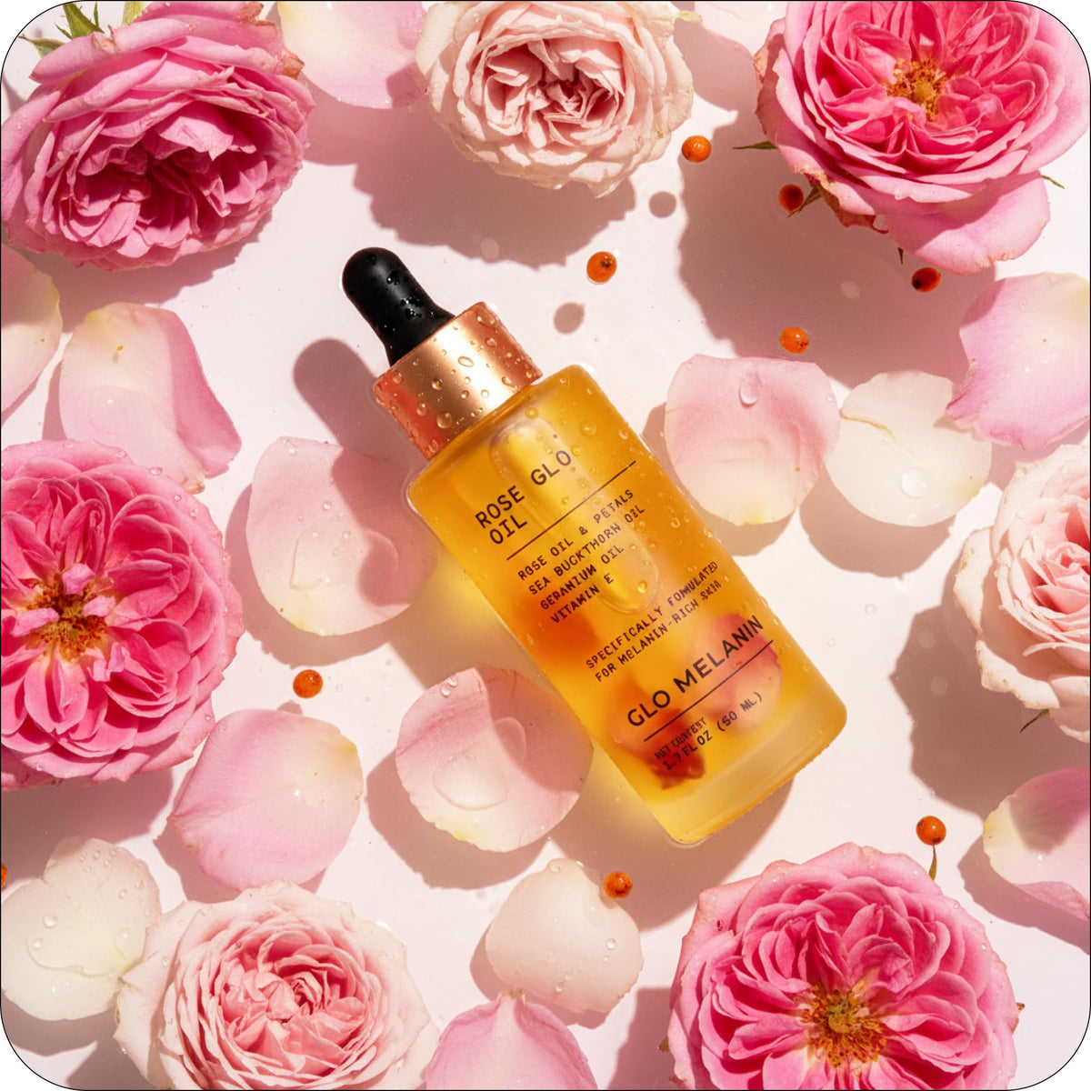 Glo Melanin rosehip and sea buckthorn ingredients emphasizing antioxidant boost