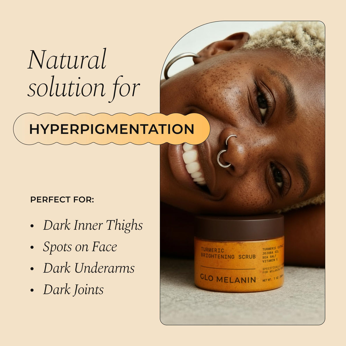 Glo Melanin texture closeup of turmeric scrub showing granules for gentle exfoliation