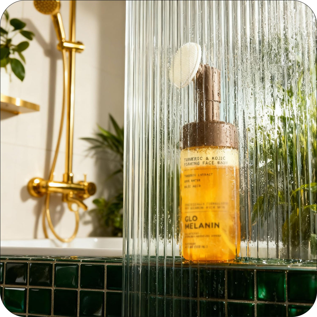 Glo Melanin foaming face wash applied on cheek showing gentle in-routine use