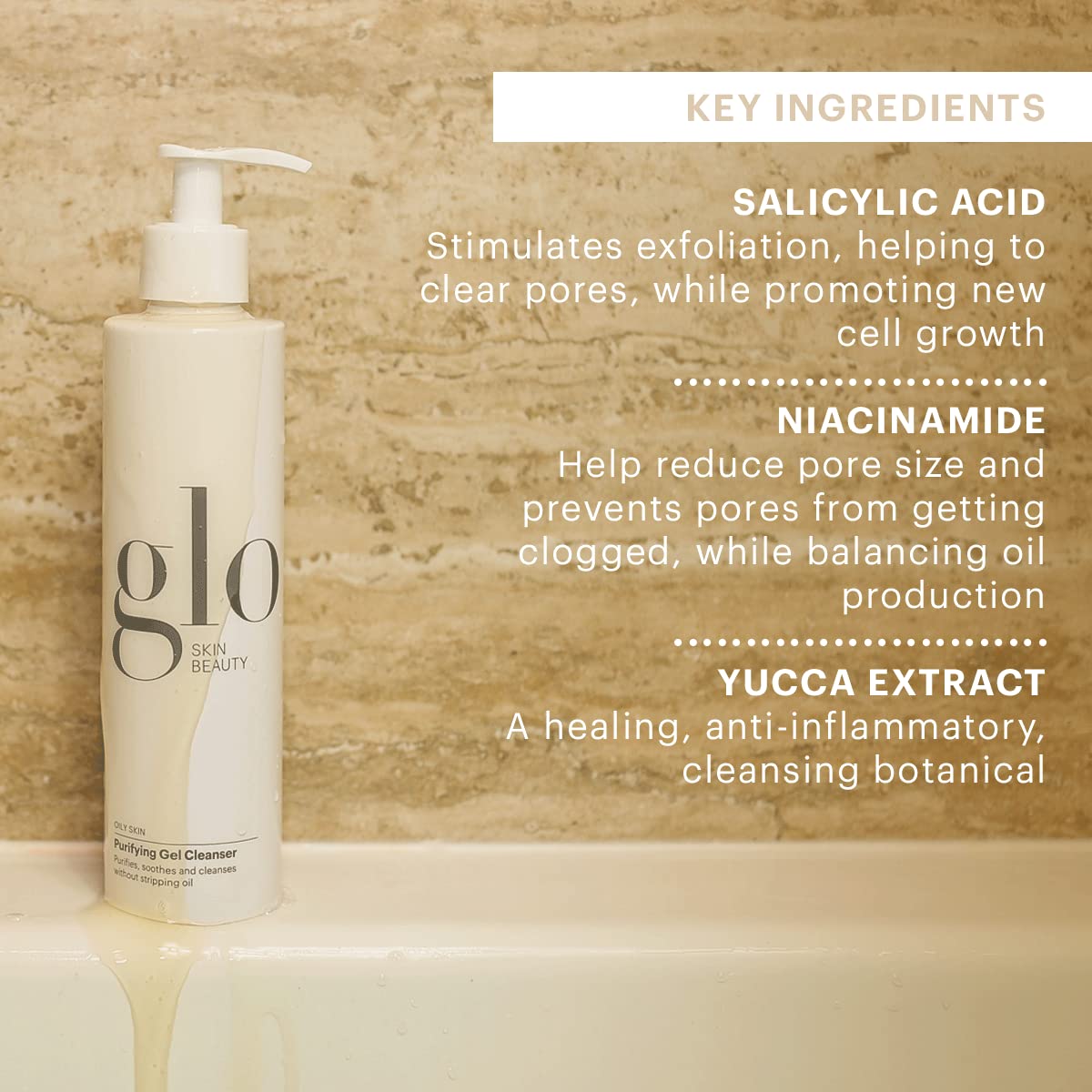 Glo Skin Beauty bottle on bathroom shelf suggesting daily routine convenience and freshness