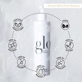 Glo Skin Beauty lather on face demo illustrating gentle cleansing and oil removal benefit