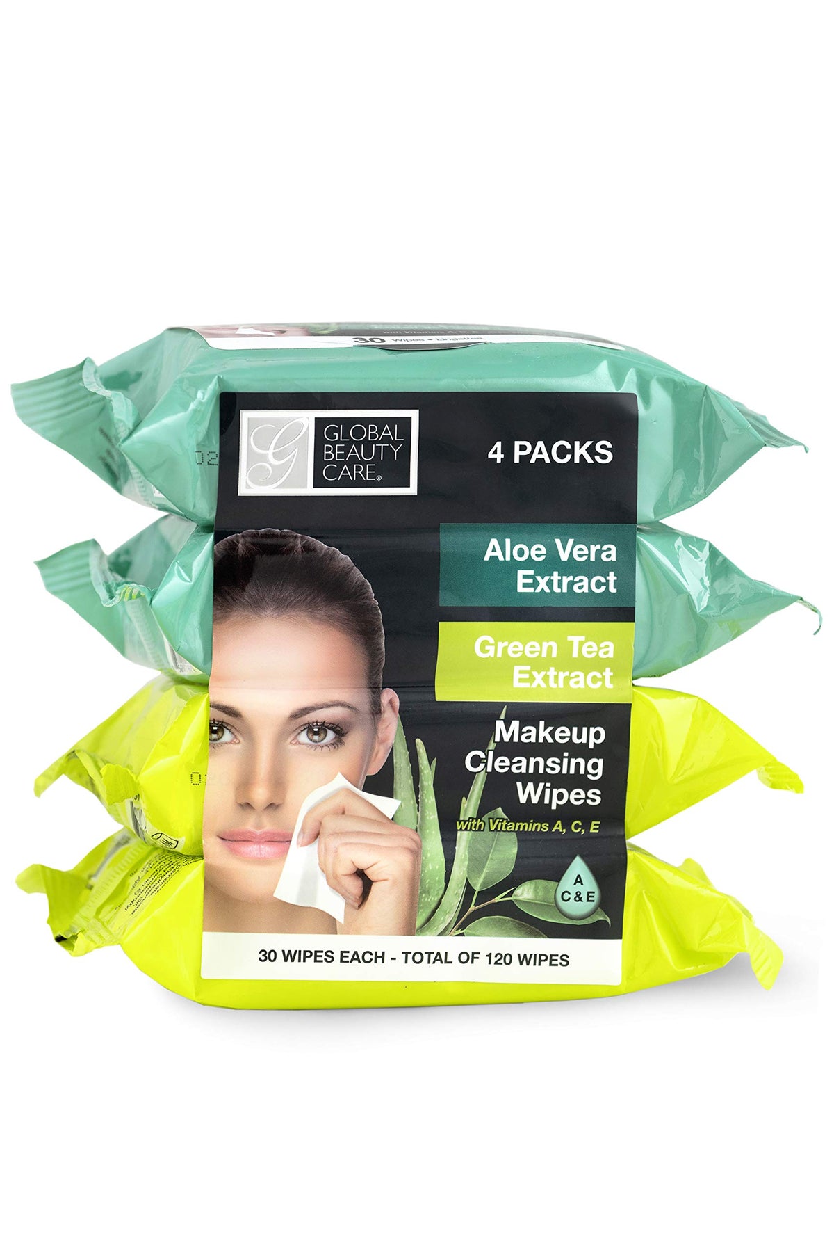 Global Beauty Care front packaging showing 4-pack resealable pouches and benefits
