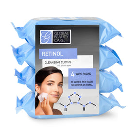 Global Beauty Care front packaging showing retinol wipes and benefits