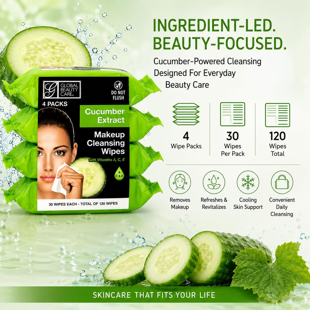 Global Beauty Care ingredients label close-up showing vitamins A C E inclusion