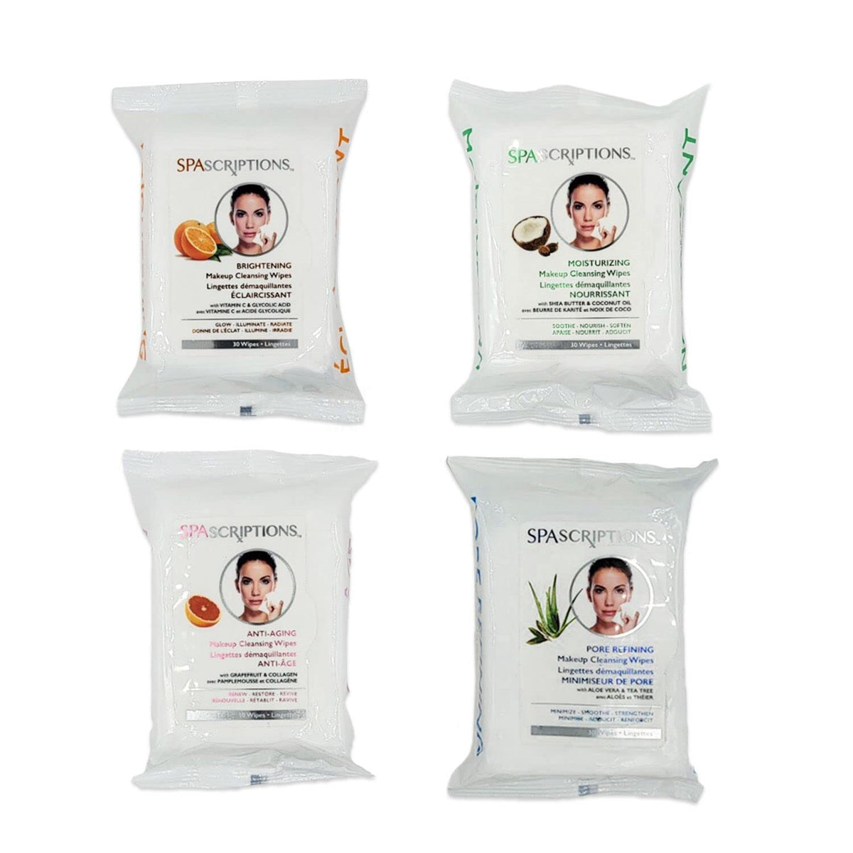 Global Beauty Care arranged four formulas showing Anti-Aging Brightening Moisturizing Pore Refining