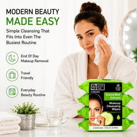 Global Beauty Care wipe beside cucumber slices highlighting cooling extract