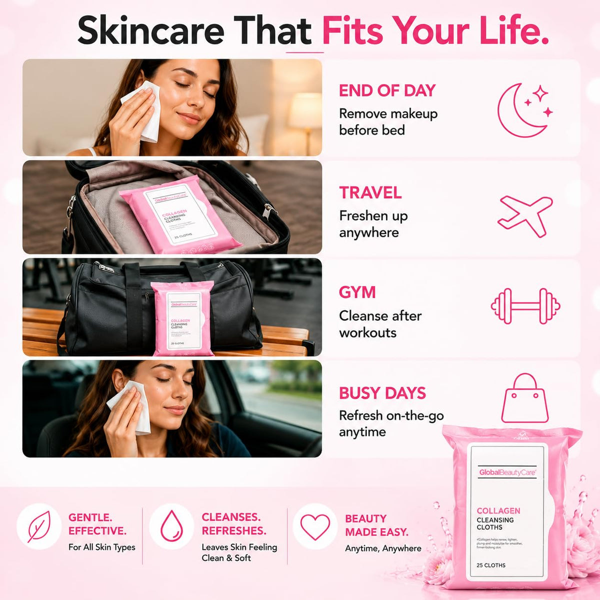 Global Beauty Care wipe removing mascara from eyelashes with minimal rubbing