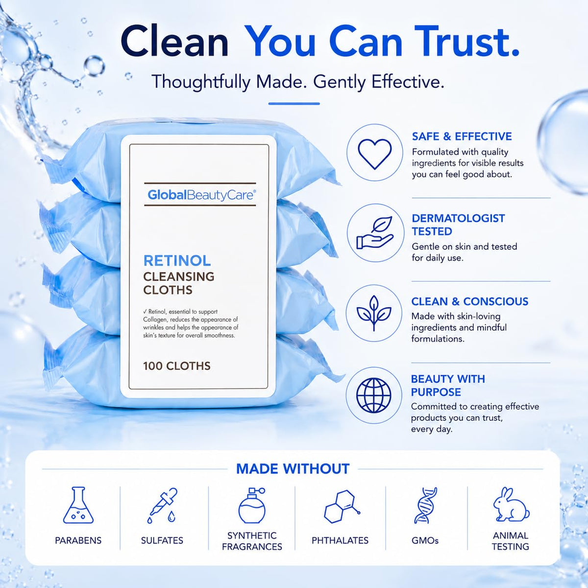 Global Beauty Care wipes placed in travel bag for on-the-go skin refreshment