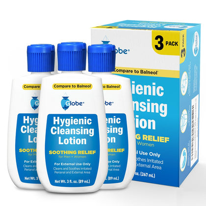 Globe front packaging three-pack showing bottles and label benefit