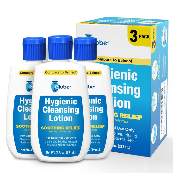 Globe front packaging three-pack showing bottles and label benefit