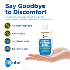 Globe bottle dispensing lotion to demonstrate easy, mess-free use