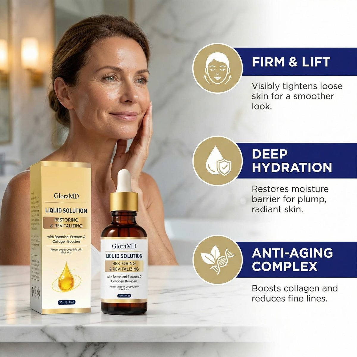 GLORAMD application on neck and jawline demonstrating gentle massage and firming benefit